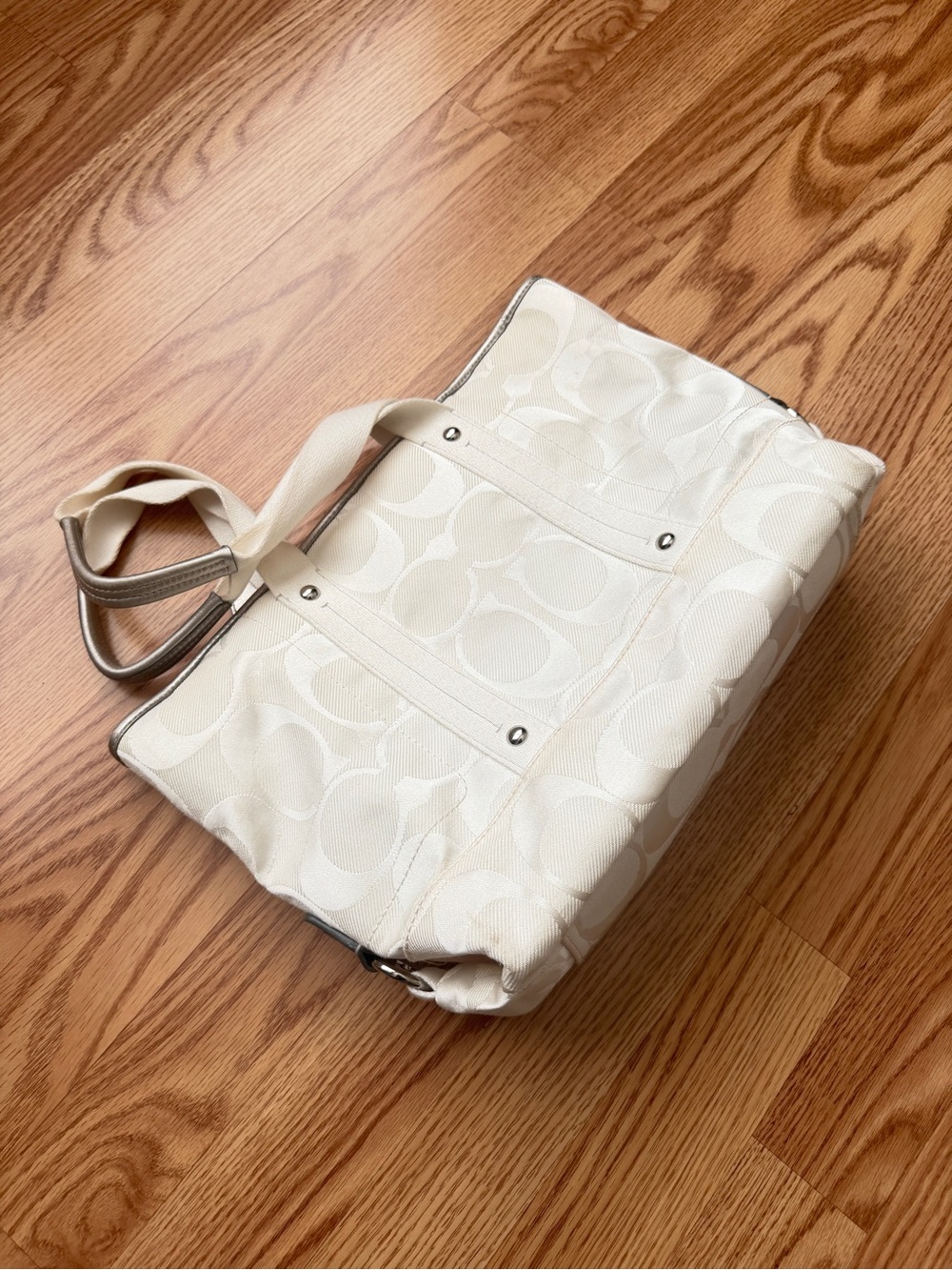 Coach Signature Cream Canvas Tote with pink liner